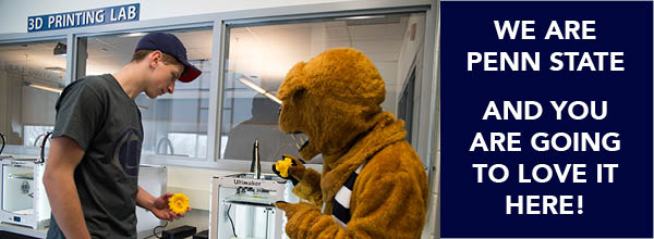 Nittany Lion Mascot in Engineering Lab. We are Penn State and you are going to love it here.