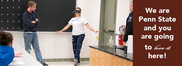Penn State Fayette: Students in classroom demonstrating virtual experience. We are Penn State and you are going to love it here.