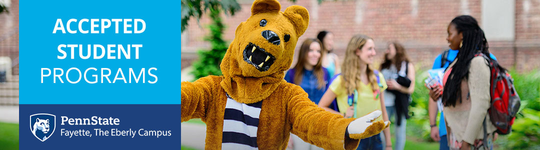 Penn State Fayette Accepted Student Programs: Nittany Lion Mascot with a group of students