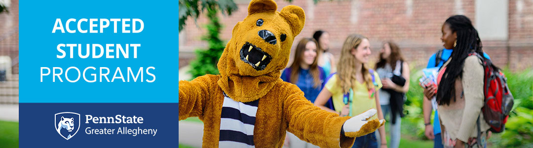 Penn State Greater Allegheny Accepted Student Programs: Nittany Lion Mascot with a group of students