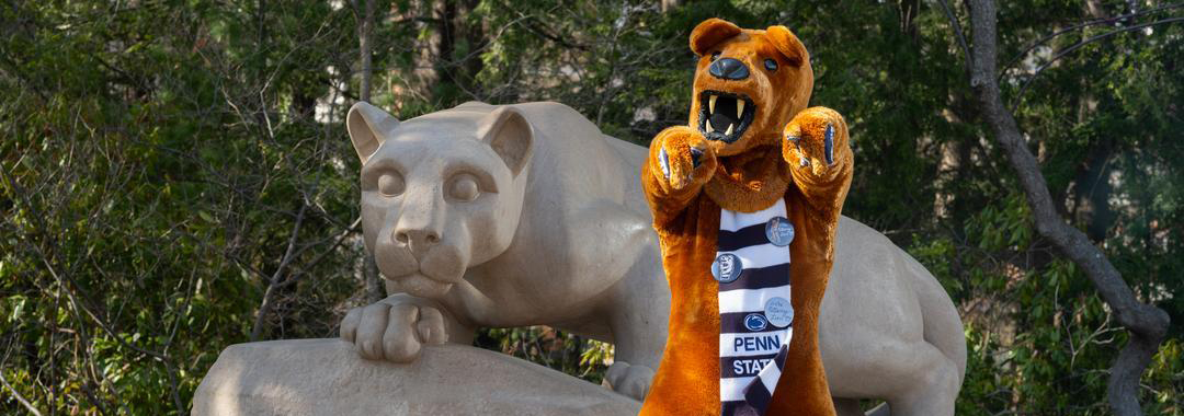 Penn State Days - Nittany Lion Mascot welcoming students to campus at the iconic Nittany Lion shrine.