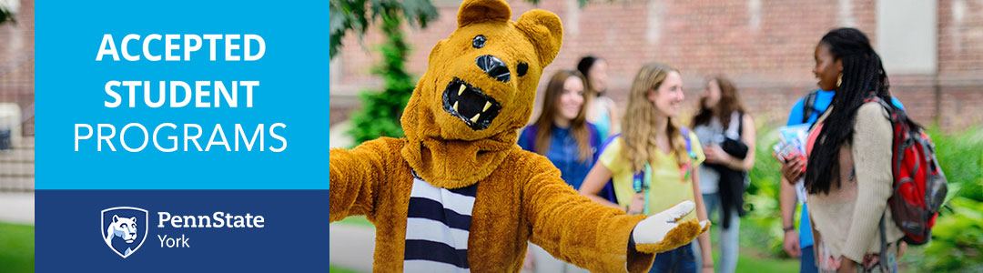 Penn State York Accepted Student Programs: Nittany Lion Mascot with a group of students